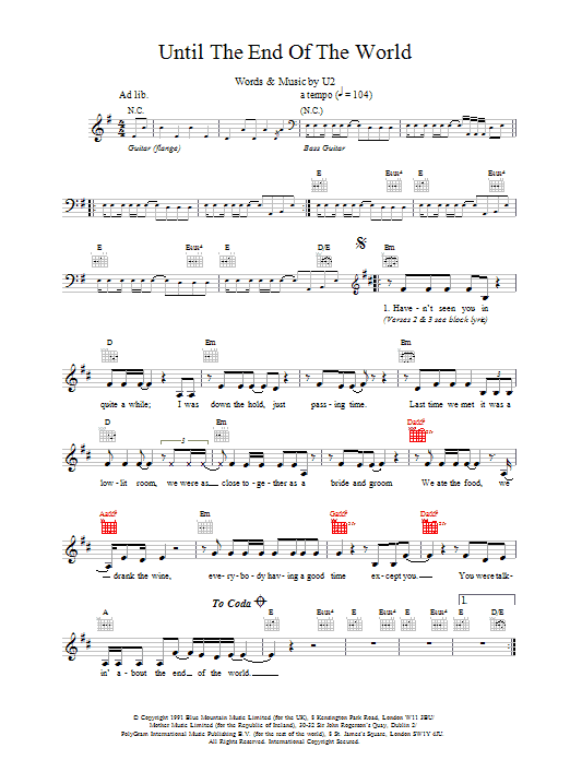 U2 Until The End Of The World sheet music notes and chords arranged for Guitar Tab