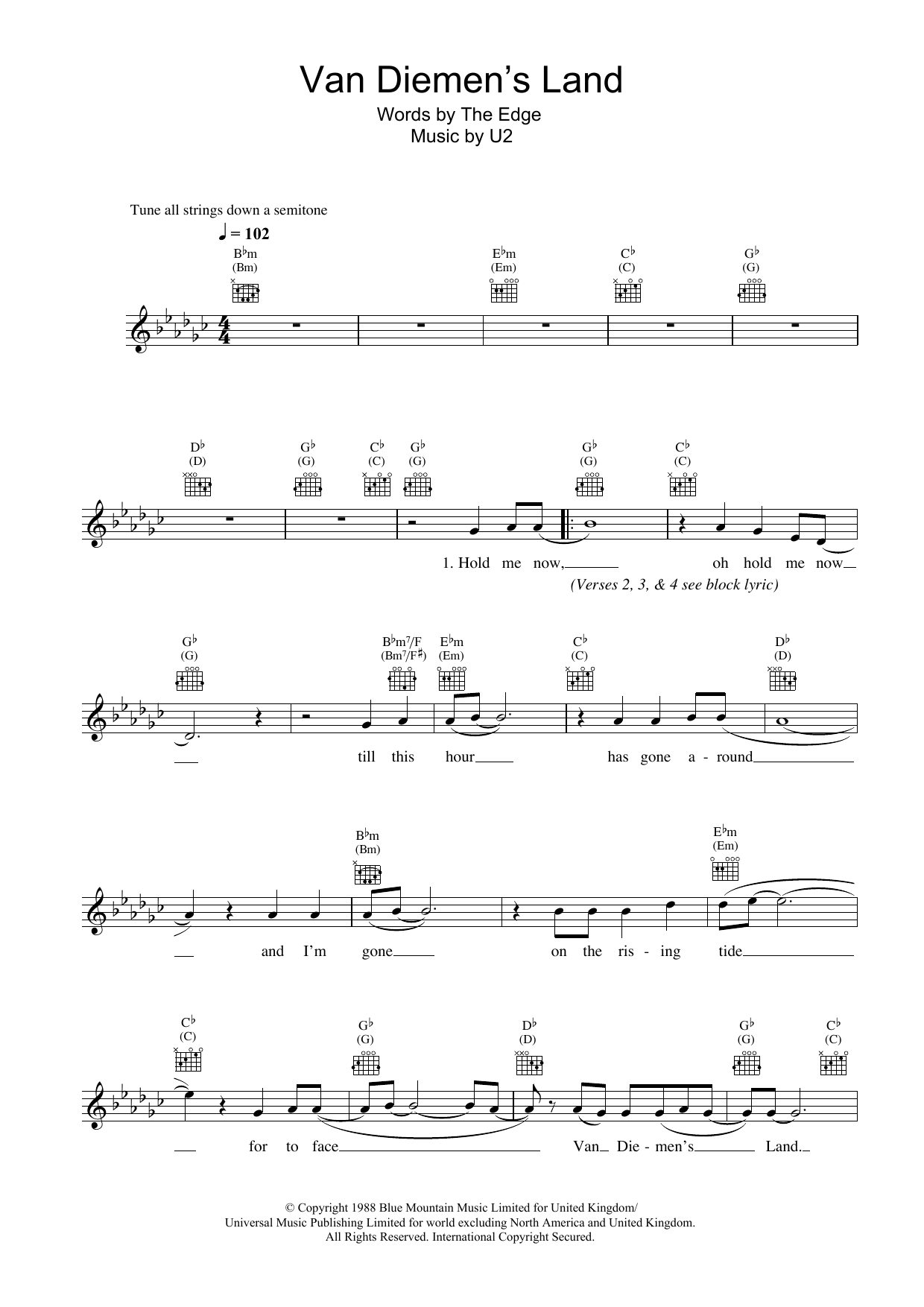 U2 Van Diemen's Land sheet music notes and chords arranged for Guitar Chords/Lyrics