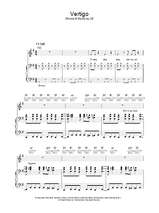 U2 Vertigo sheet music notes and chords arranged for Beginner Piano