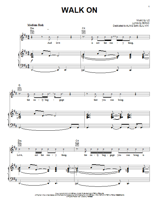 U2 Walk On sheet music notes and chords arranged for Easy Guitar Tab