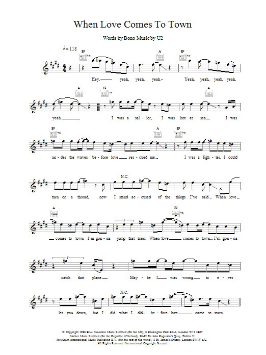 U2 When Love Comes To Town sheet music notes and chords arranged for Guitar Chords/Lyrics