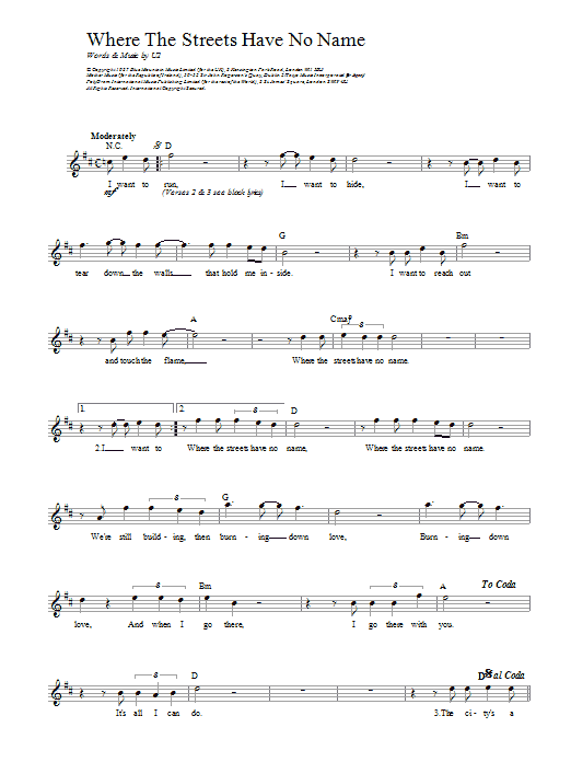 U2 Where The Streets Have No Name sheet music notes and chords arranged for Guitar Chords/Lyrics