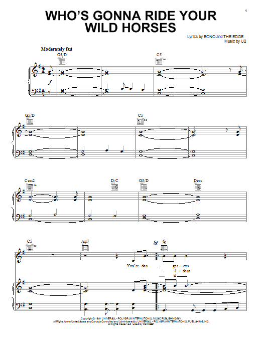 U2 Who's Gonna Ride Your Wild Horses sheet music notes and chords arranged for Piano, Vocal & Guitar Chords (Right-Hand Melody)