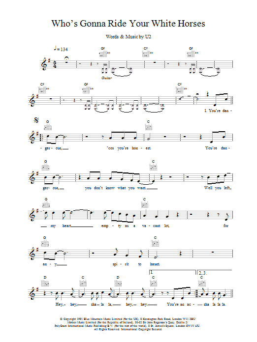 U2 Who's Gonna Ride Your Wild Horses sheet music notes and chords arranged for Lead Sheet / Fake Book