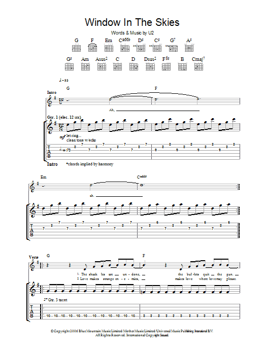 U2 Window In The Skies sheet music notes and chords arranged for Guitar Chords/Lyrics