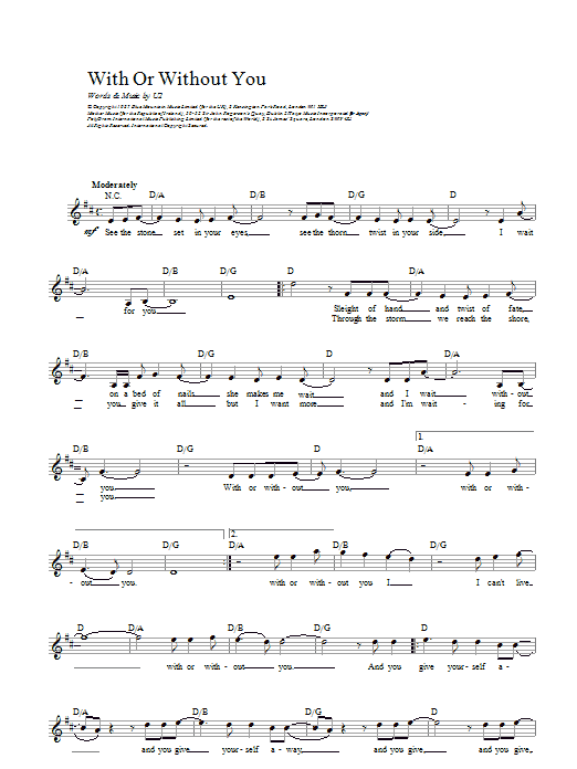 U2 With Or Without You sheet music notes and chords arranged for Real Book – Melody, Lyrics & Chords