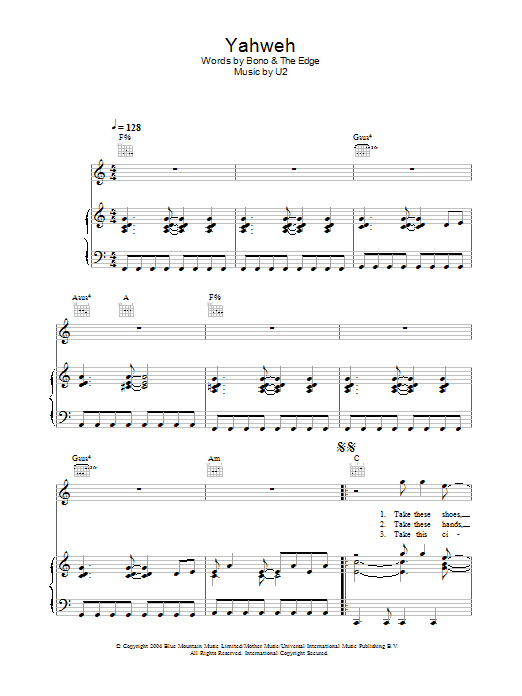 U2 Yahweh sheet music notes and chords arranged for Guitar Chords/Lyrics