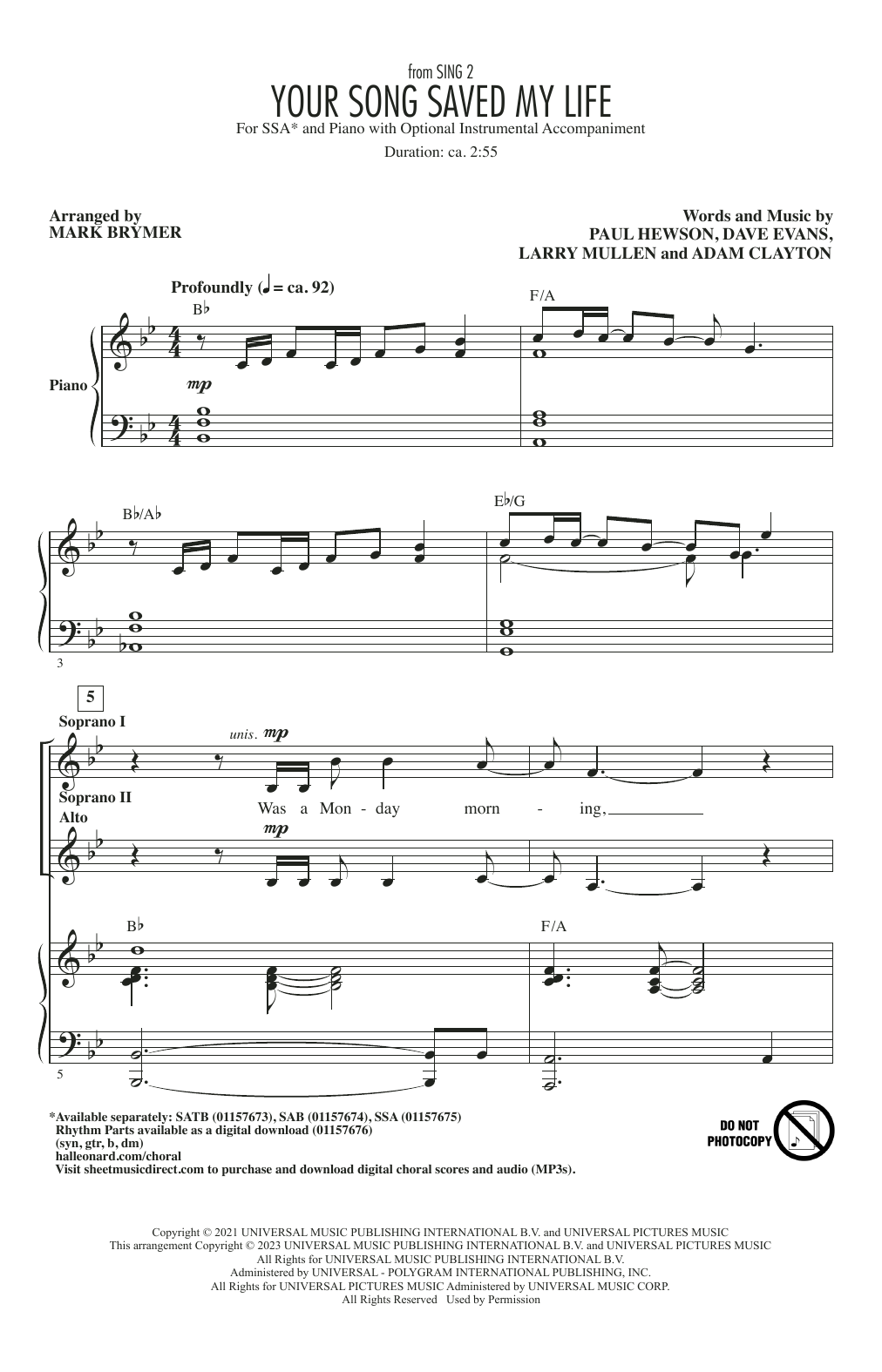 U2 Your Song Saved My Life (from Sing 2) (arr. Mark Brymer) sheet music notes and chords arranged for SAB Choir