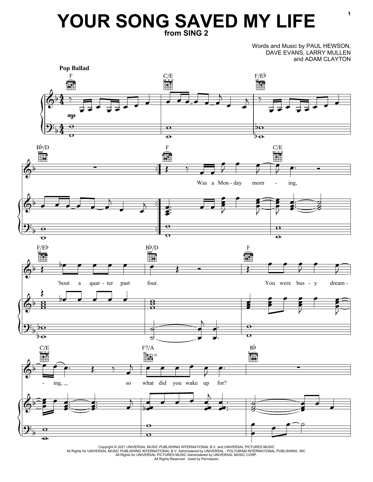 U2 Your Song Saved My Life (from Sing 2) sheet music notes and chords arranged for Piano, Vocal & Guitar Chords (Right-Hand Melody)