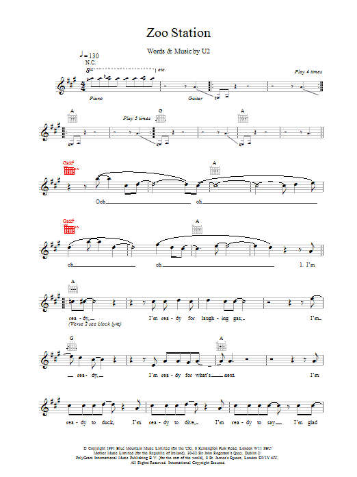 U2 Zoo Station sheet music notes and chords arranged for Piano, Vocal & Guitar Chords (Right-Hand Melody)