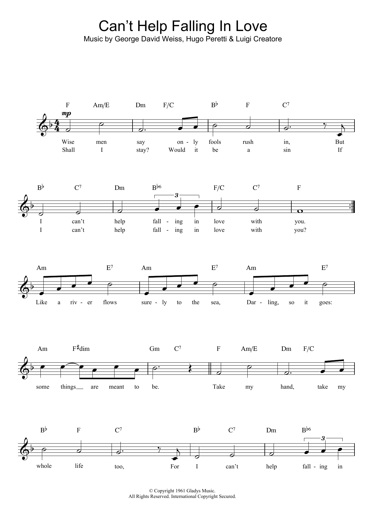 UB40 Can't Help Falling In Love sheet music notes and chords arranged for Ukulele