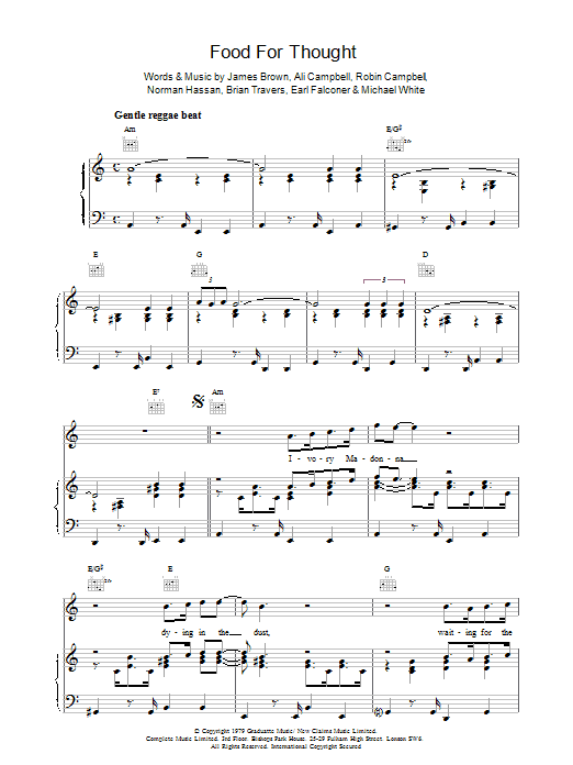 UB40 Food For Thought sheet music notes and chords arranged for Piano, Vocal & Guitar Chords