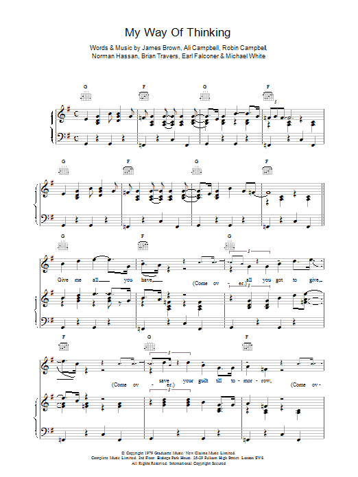 UB40 My Way Of Thinking sheet music notes and chords arranged for Piano, Vocal & Guitar Chords