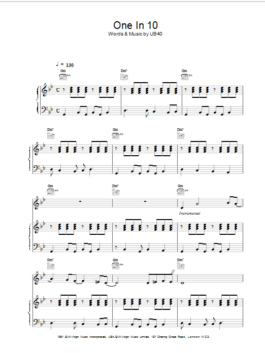 UB40 One In 10 sheet music notes and chords arranged for Piano, Vocal & Guitar Chords