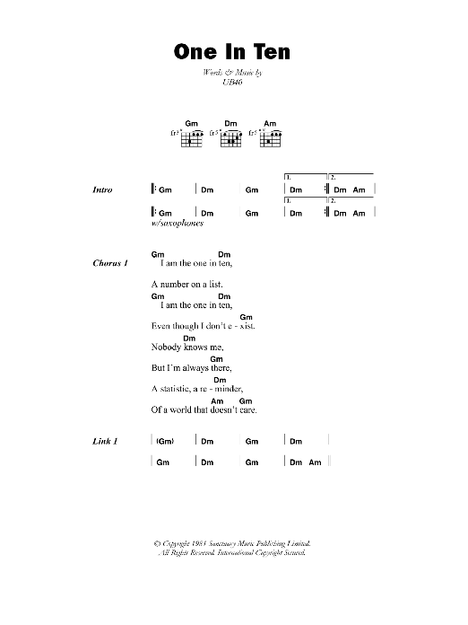 UB40 One In Ten sheet music notes and chords arranged for Guitar Chords/Lyrics