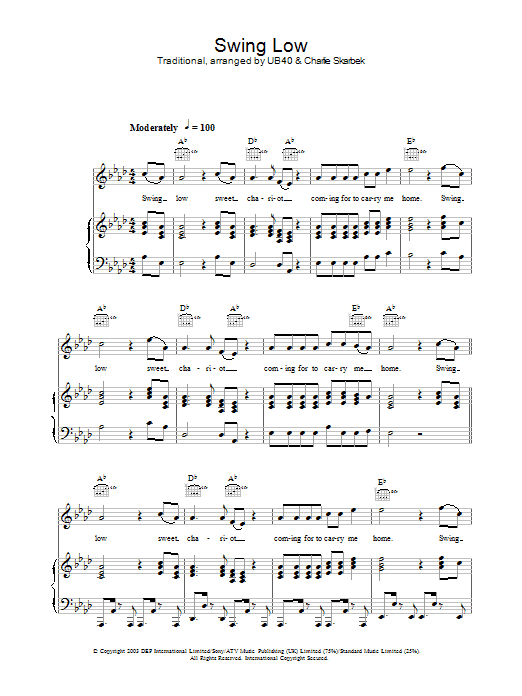 UB40 Swing Low sheet music notes and chords arranged for Piano, Vocal & Guitar Chords