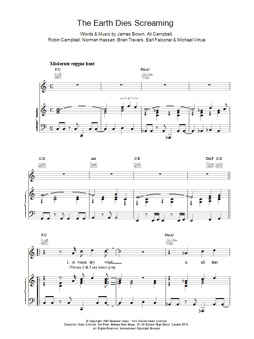 UB40 The Earth Dies Screaming sheet music notes and chords arranged for Piano, Vocal & Guitar Chords