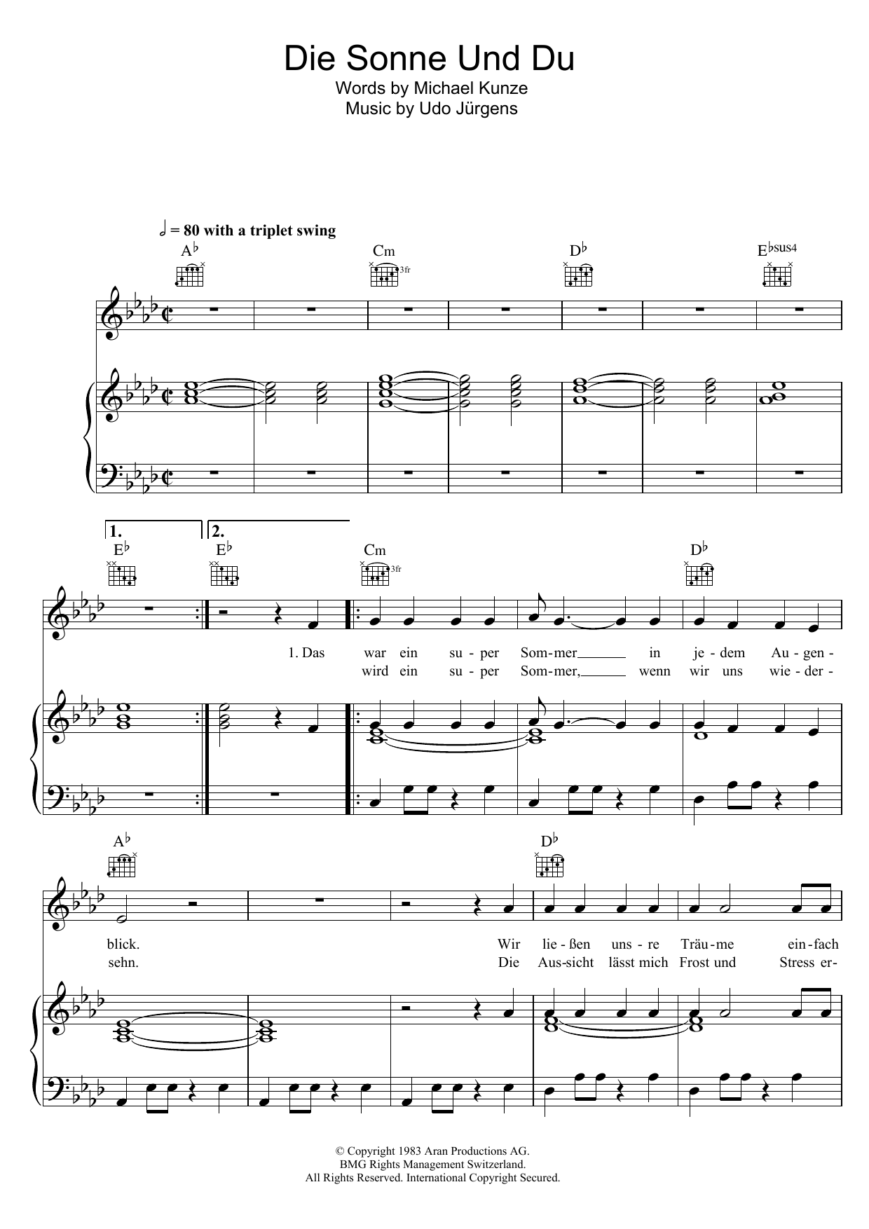 Udo Jurgens Die Sonne Und Du sheet music notes and chords arranged for Piano, Vocal & Guitar Chords