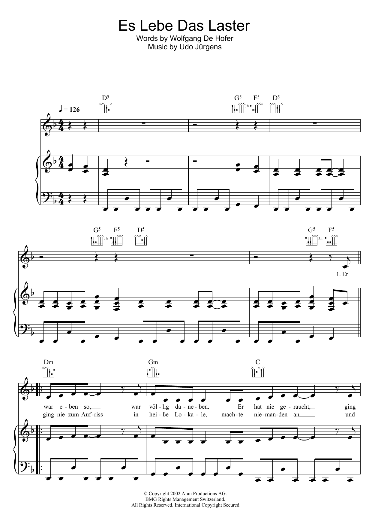Udo Jurgens Es Lebe Das Laster sheet music notes and chords arranged for Piano, Vocal & Guitar Chords