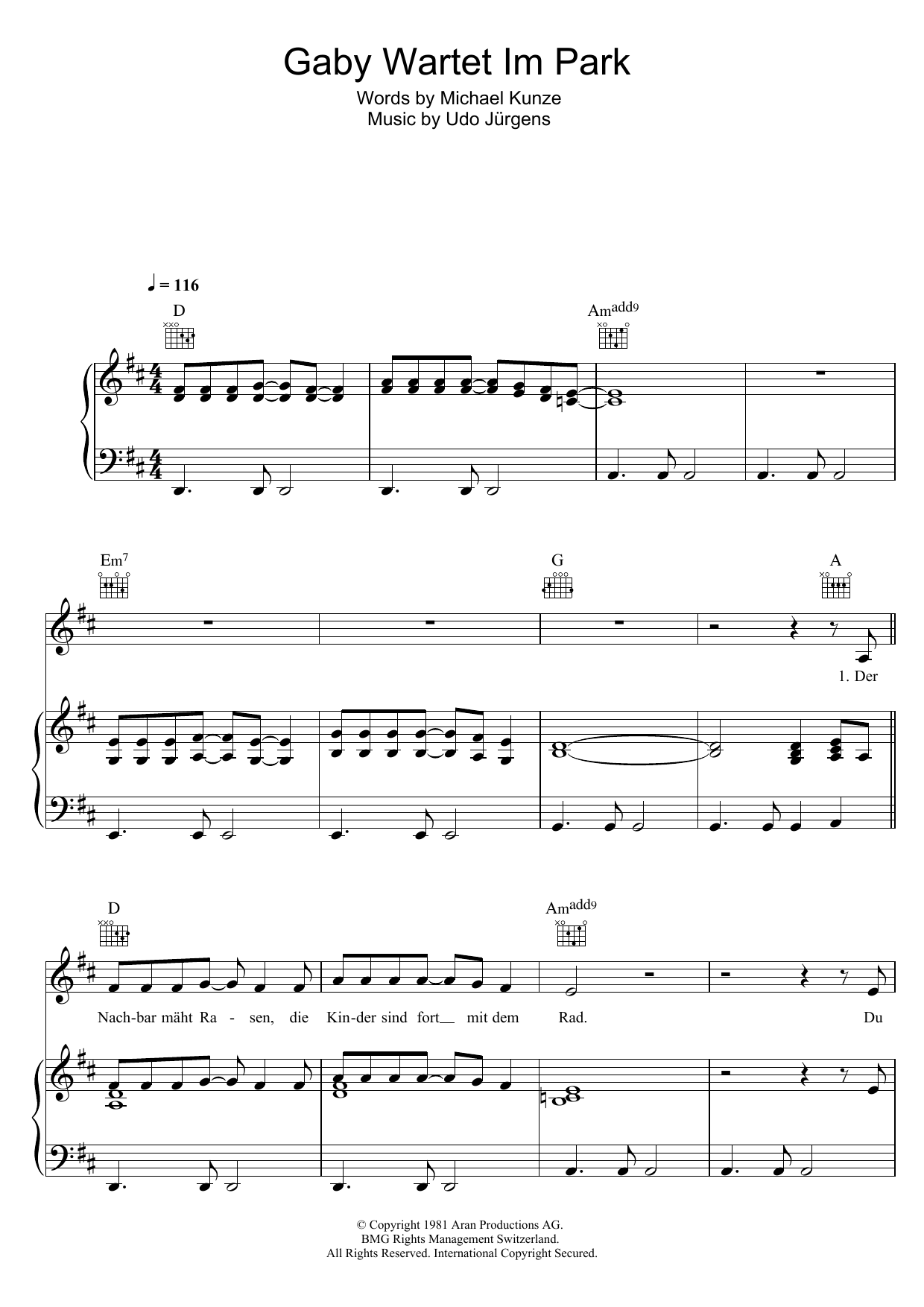 Udo Jurgens Gaby Wartet Im Park sheet music notes and chords arranged for Piano, Vocal & Guitar Chords