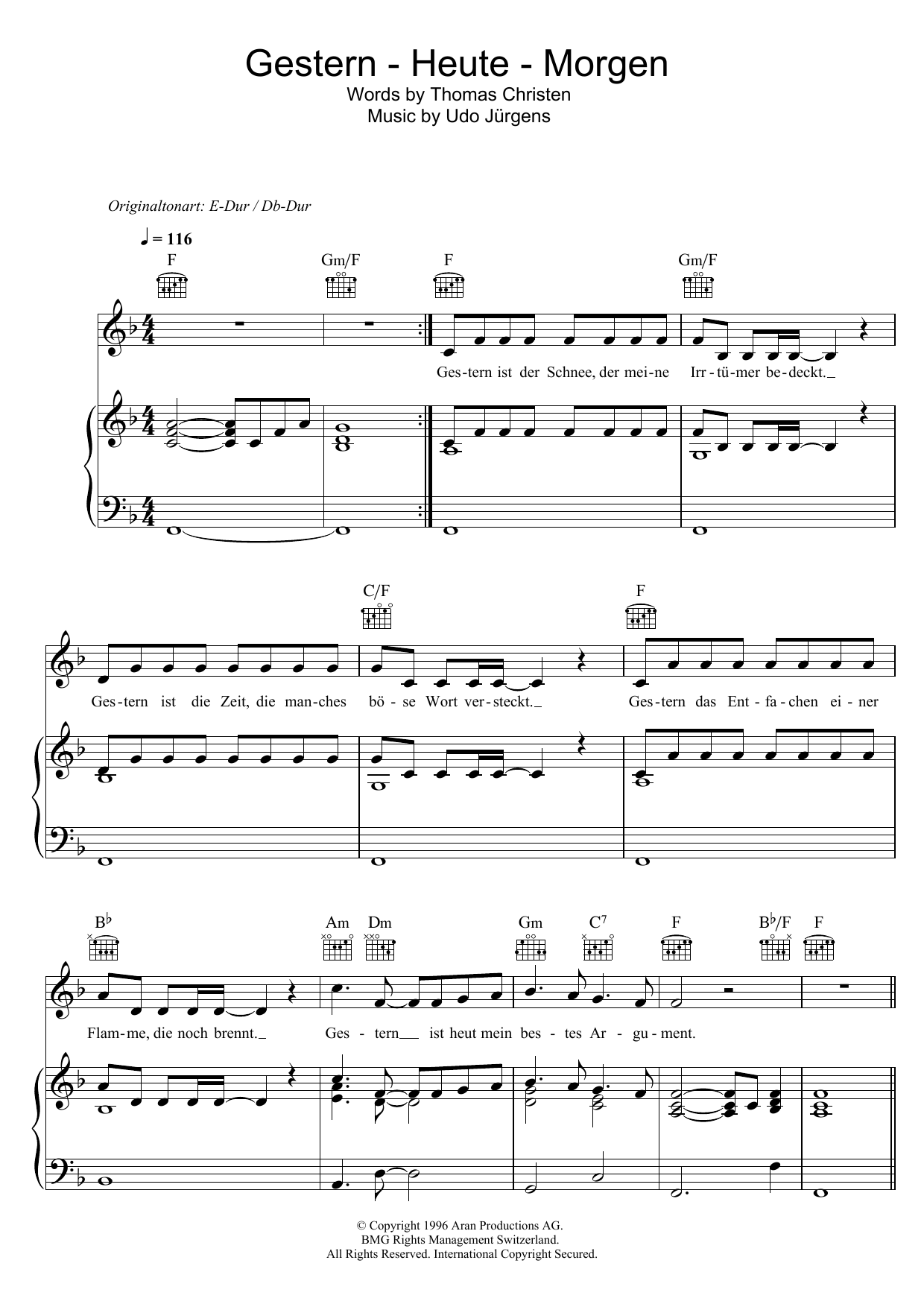 Udo Jurgens Gestern - Heute - Morgen sheet music notes and chords arranged for Piano, Vocal & Guitar Chords