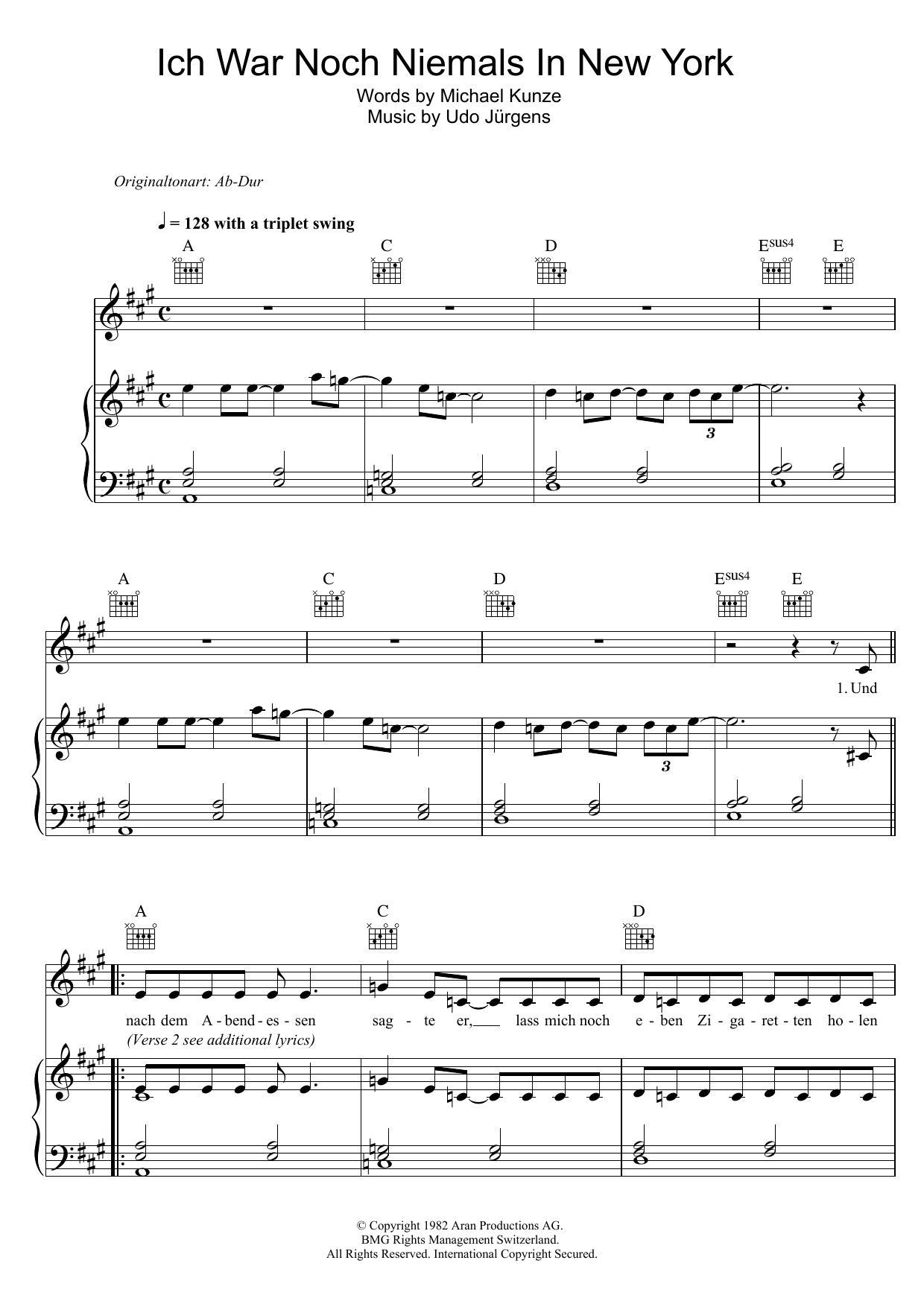 Udo Jurgens Ich War Noch Niemals In New York sheet music notes and chords arranged for Piano, Vocal & Guitar Chords