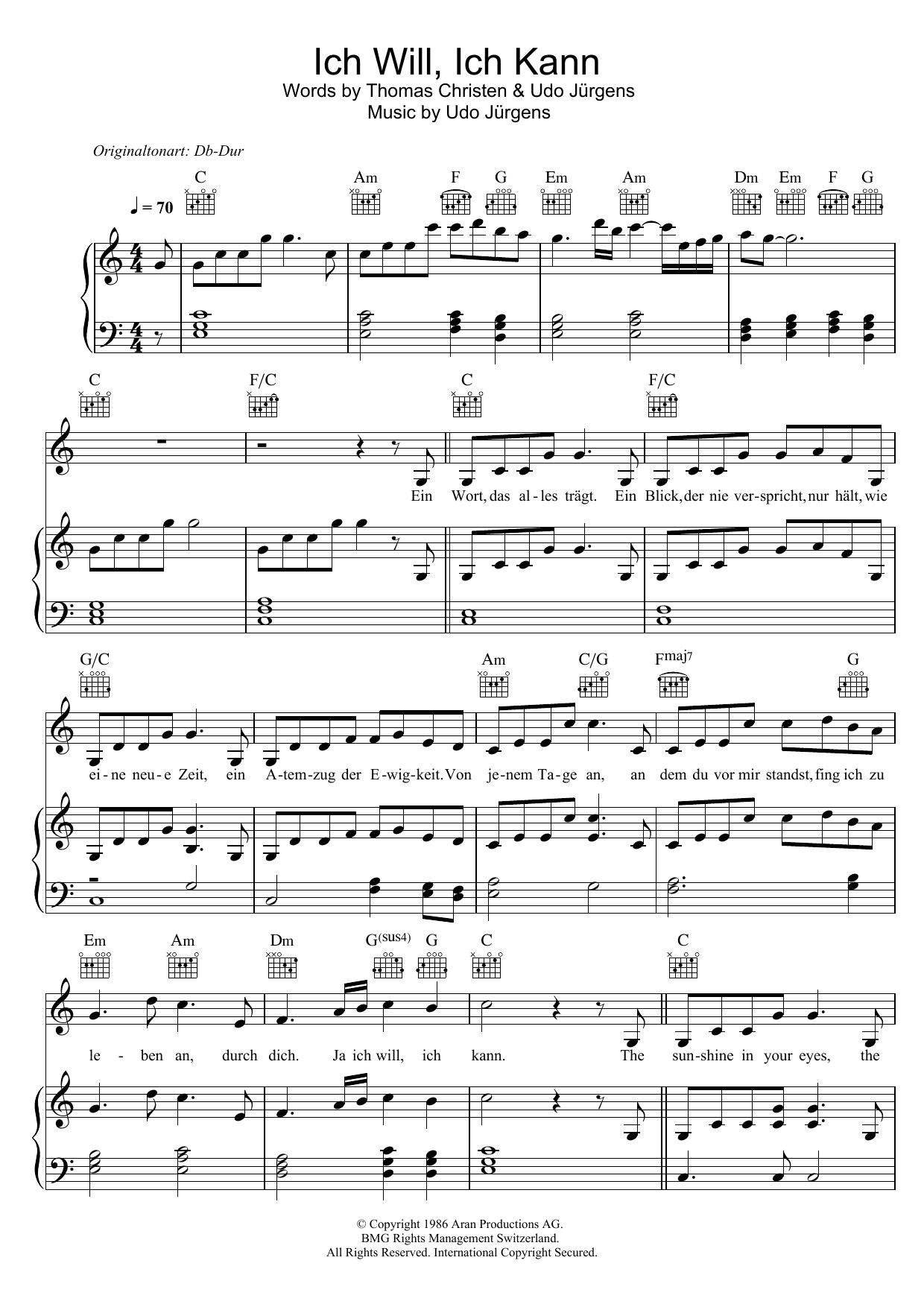 Udo Jurgens Ich Will, Ich Kann sheet music notes and chords arranged for Piano, Vocal & Guitar Chords