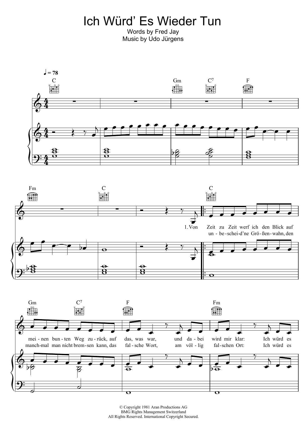 Udo Jurgens Ich Wurd' Es Wieder Tun sheet music notes and chords arranged for Piano, Vocal & Guitar Chords