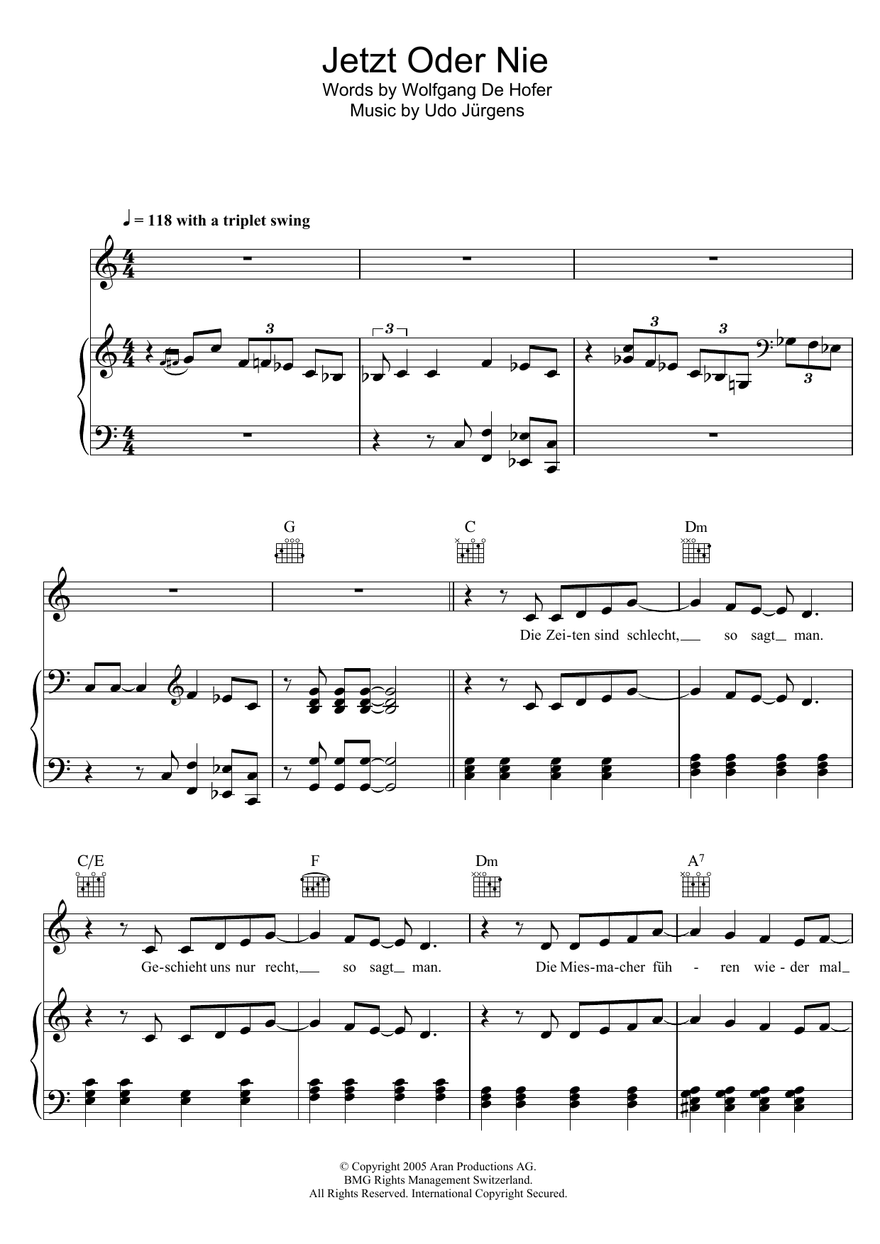 Udo Jurgens Jetzt Oder Nie sheet music notes and chords arranged for Piano, Vocal & Guitar Chords