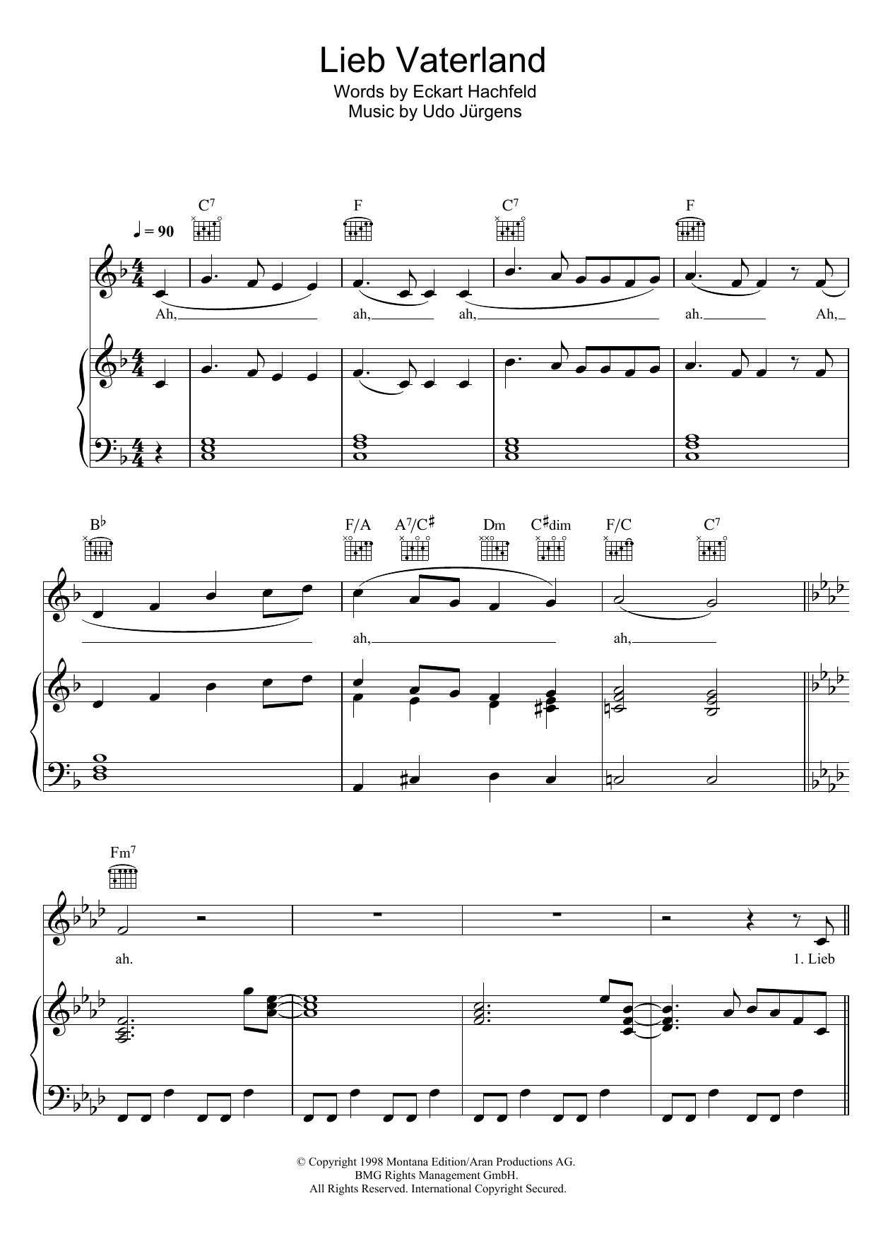 Udo Jurgens Lieb Vaterland sheet music notes and chords arranged for Piano, Vocal & Guitar Chords