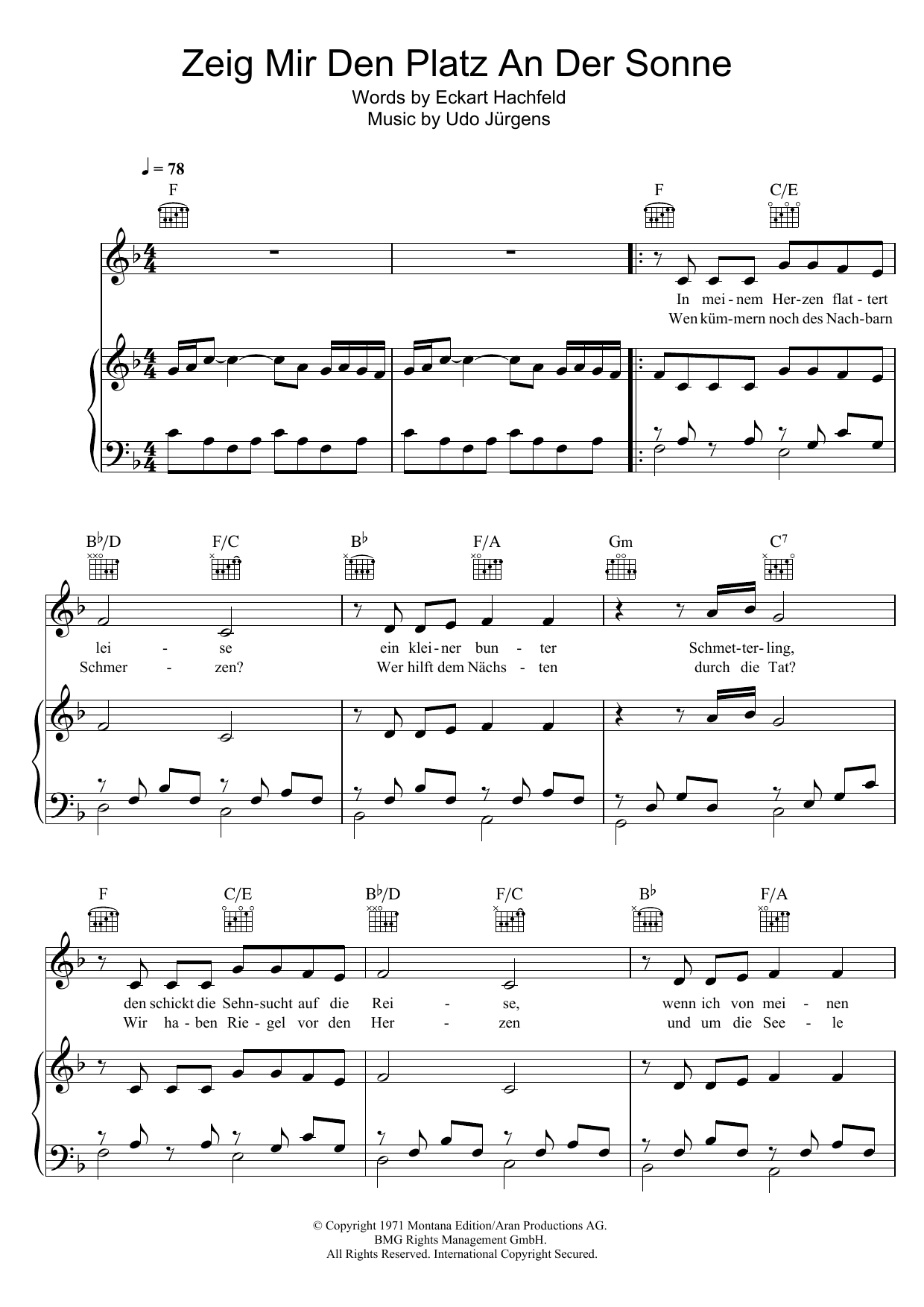 Udo Jurgens Zeig Mir Den Platz An Der Sonne sheet music notes and chords arranged for Piano, Vocal & Guitar Chords