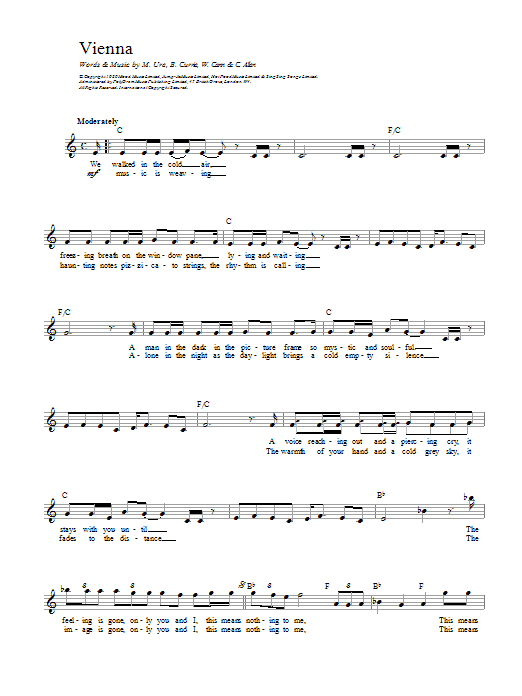 Ultravox Vienna sheet music notes and chords arranged for Piano, Vocal & Guitar Chords