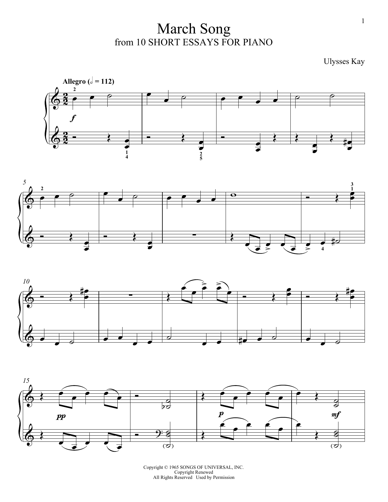 Ulysses Kay March Song sheet music notes and chords arranged for Piano Solo