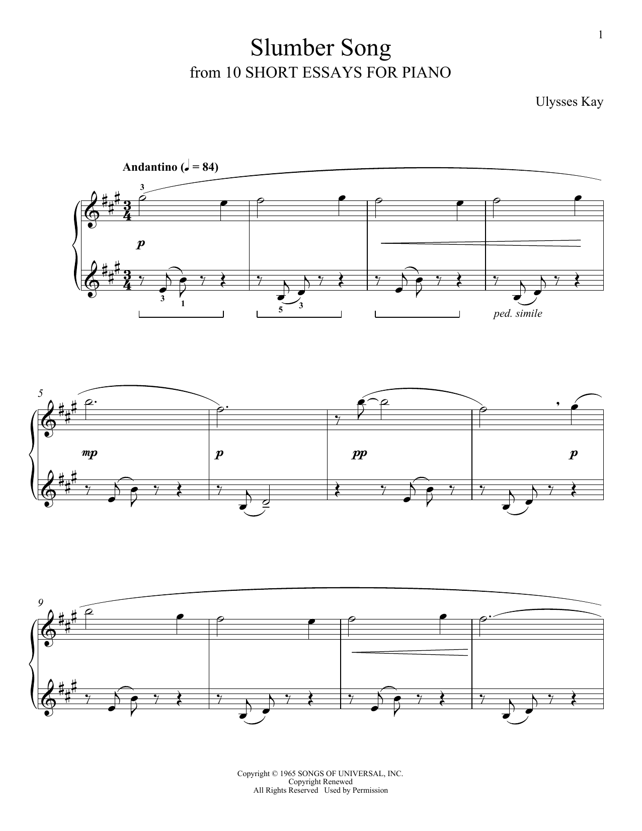 Ulysses Kay Slumber Song sheet music notes and chords arranged for Piano Solo