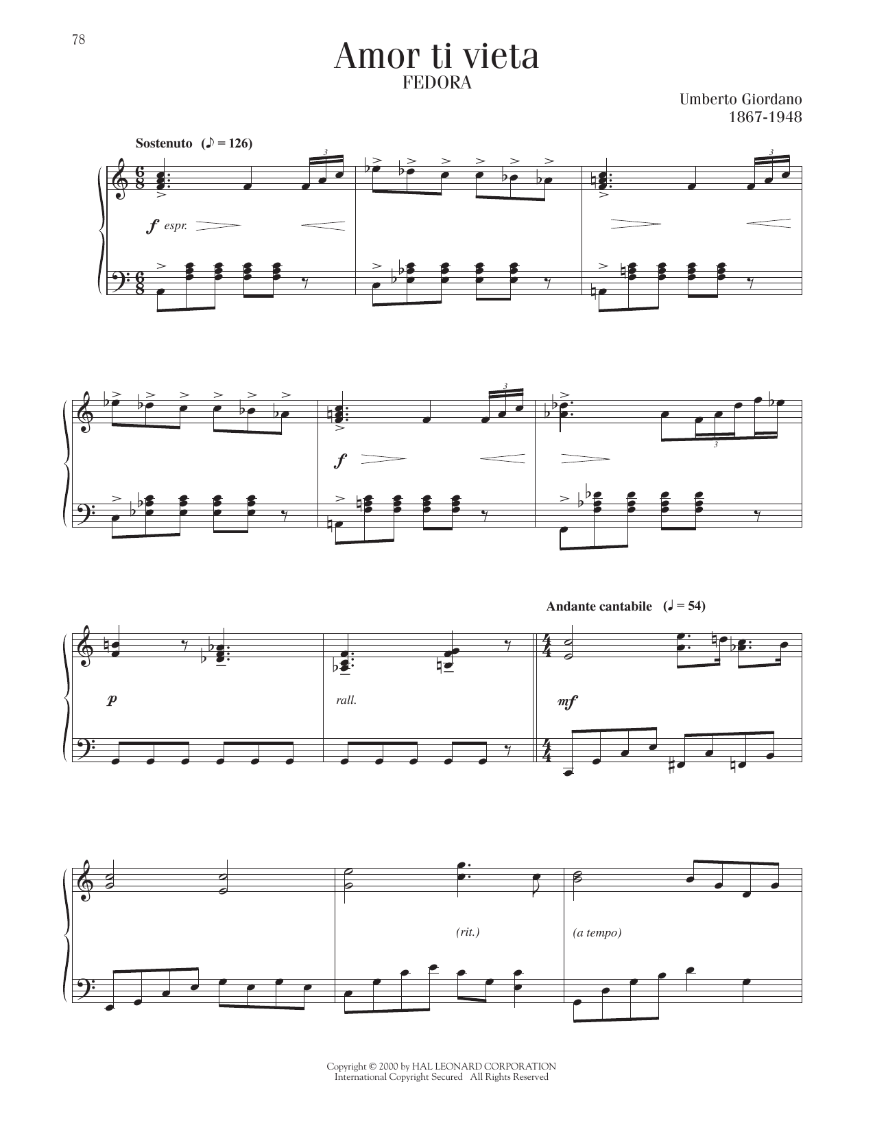 Umberto Giordano Amor Ti Vieta sheet music notes and chords arranged for Piano Solo