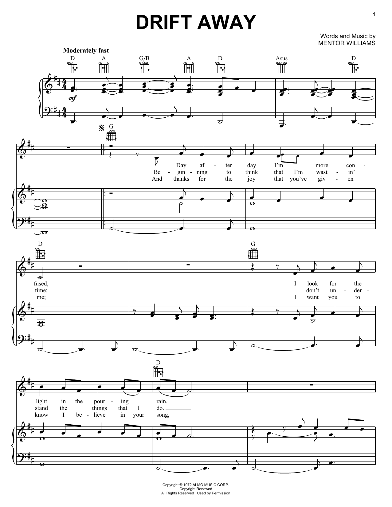 Uncle Kracker Drift Away sheet music notes and chords arranged for Easy Piano