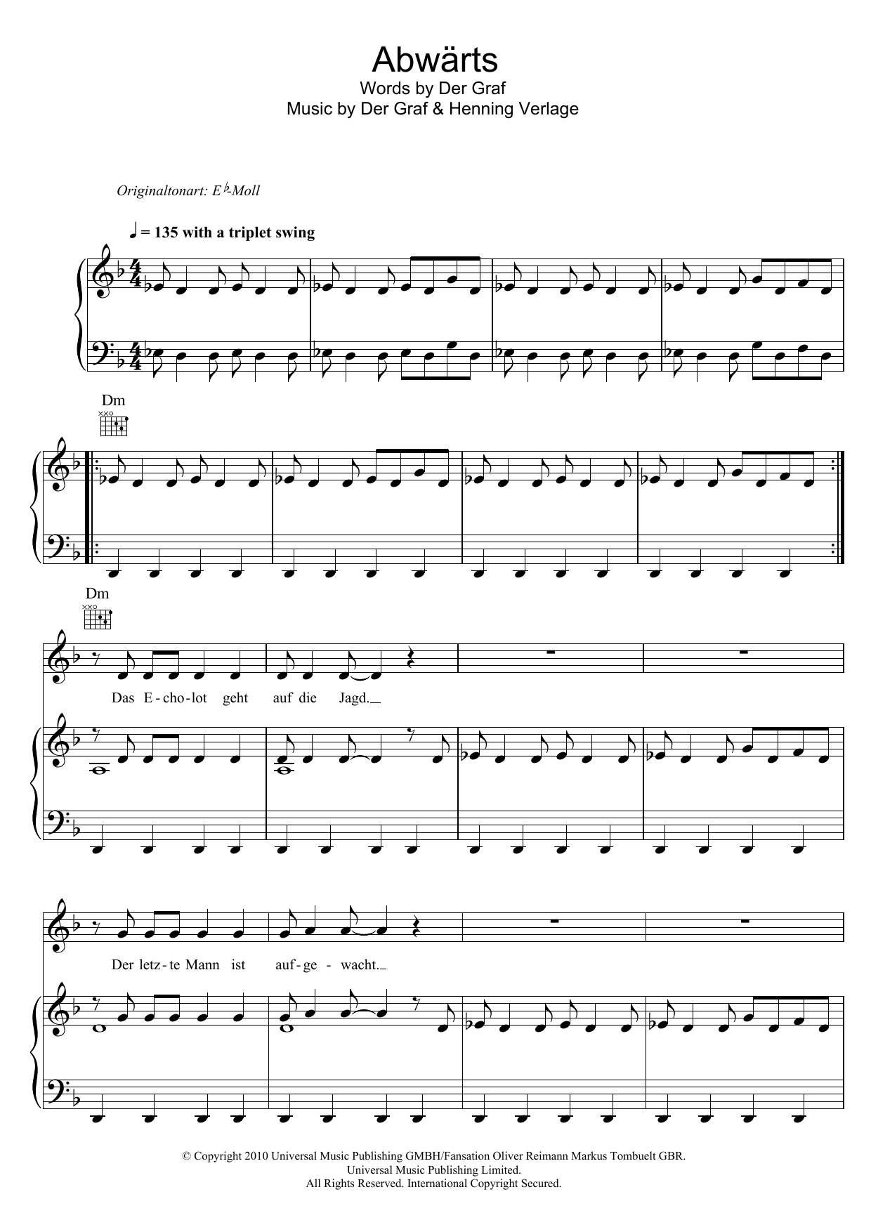 Unheilig Abwarts sheet music notes and chords arranged for Piano, Vocal & Guitar Chords