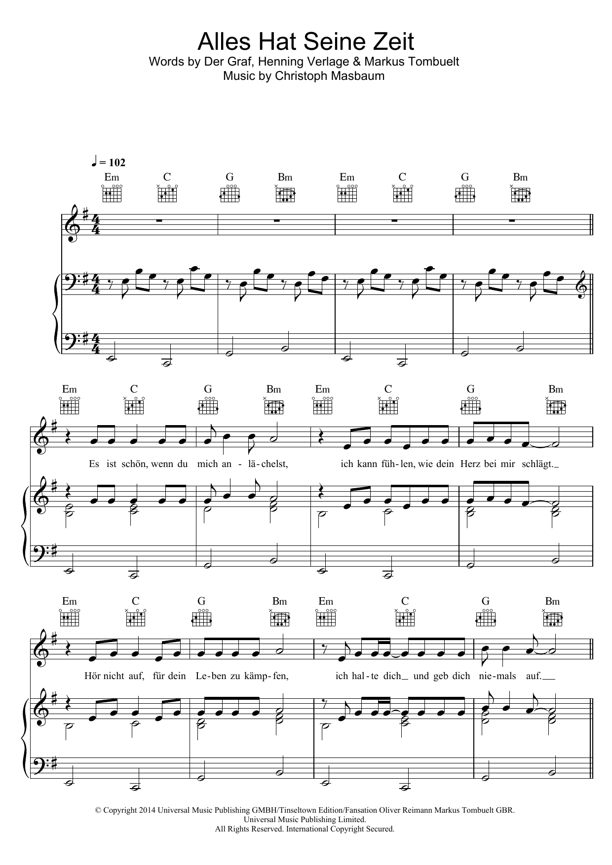 Unheilig Alles Hat Seine Zeit sheet music notes and chords arranged for Piano, Vocal & Guitar Chords