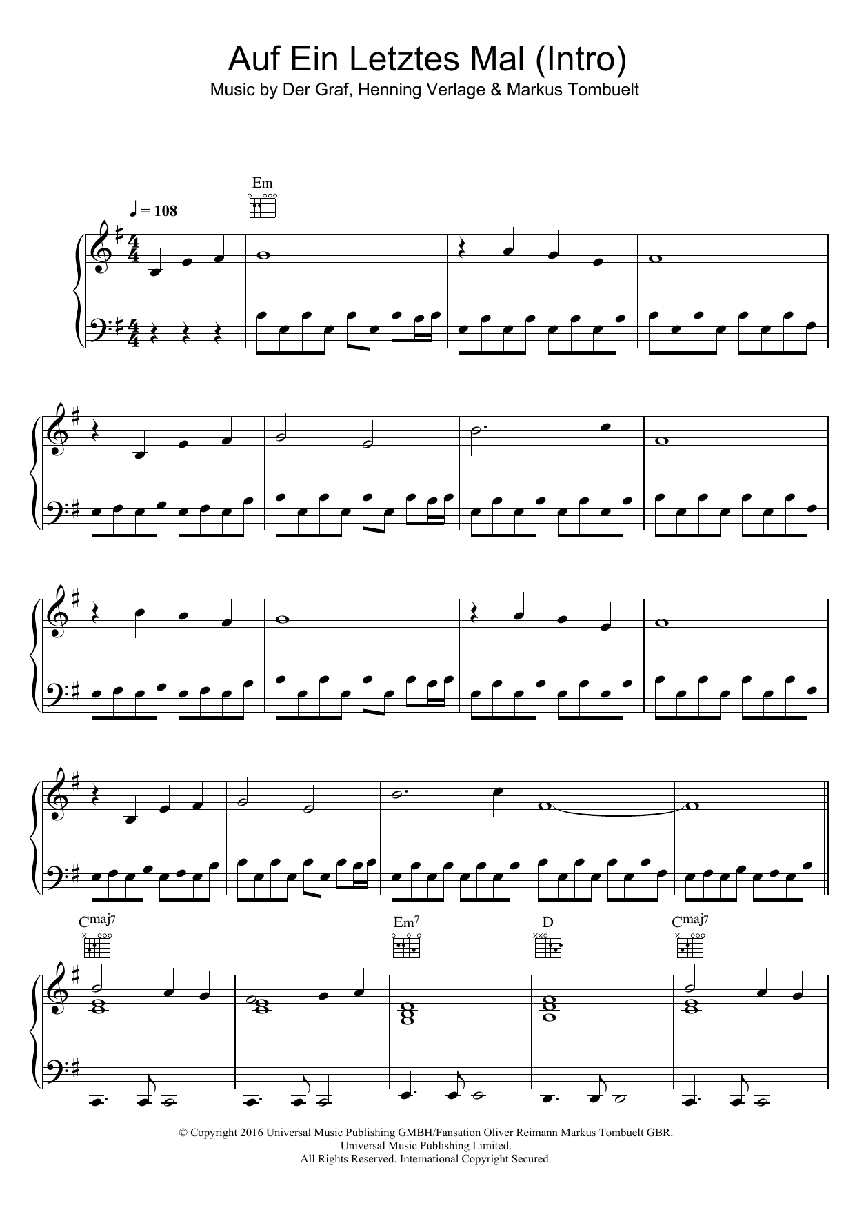 Unheilig Auf Ein Letztes Mal (Intro) sheet music notes and chords arranged for Piano Solo