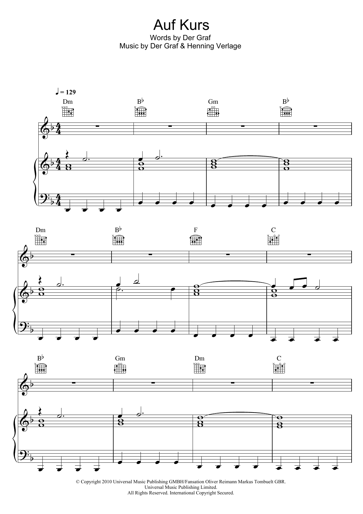 Unheilig Auf Kurs sheet music notes and chords arranged for Piano, Vocal & Guitar Chords