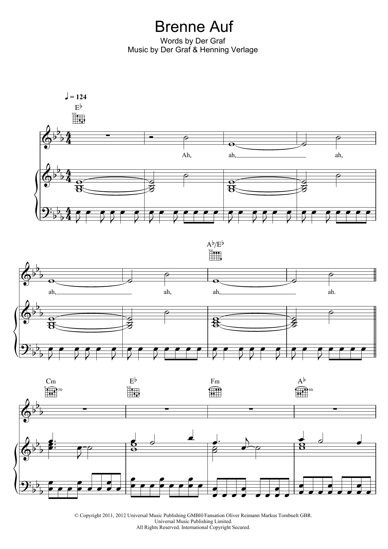 Unheilig Brenne Auf sheet music notes and chords arranged for Piano, Vocal & Guitar Chords
