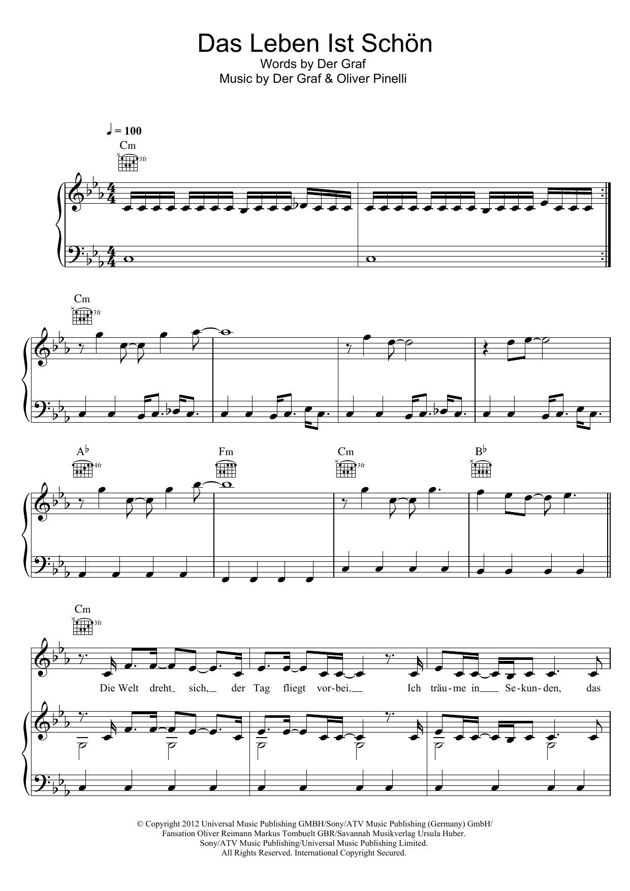 Unheilig Das Leben Ist Schon sheet music notes and chords arranged for Piano, Vocal & Guitar Chords