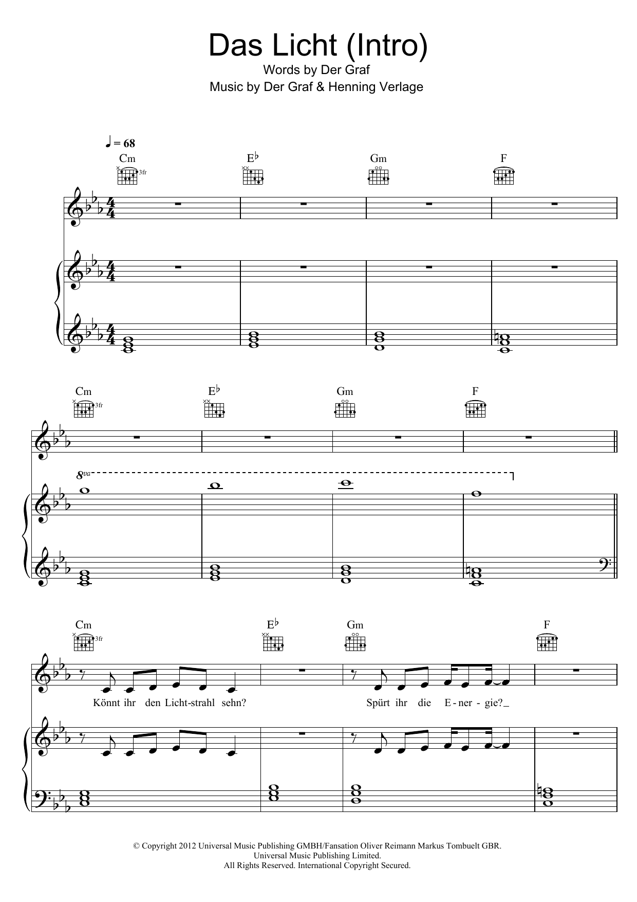 Unheilig Das Licht (Intro) sheet music notes and chords arranged for Piano, Vocal & Guitar Chords