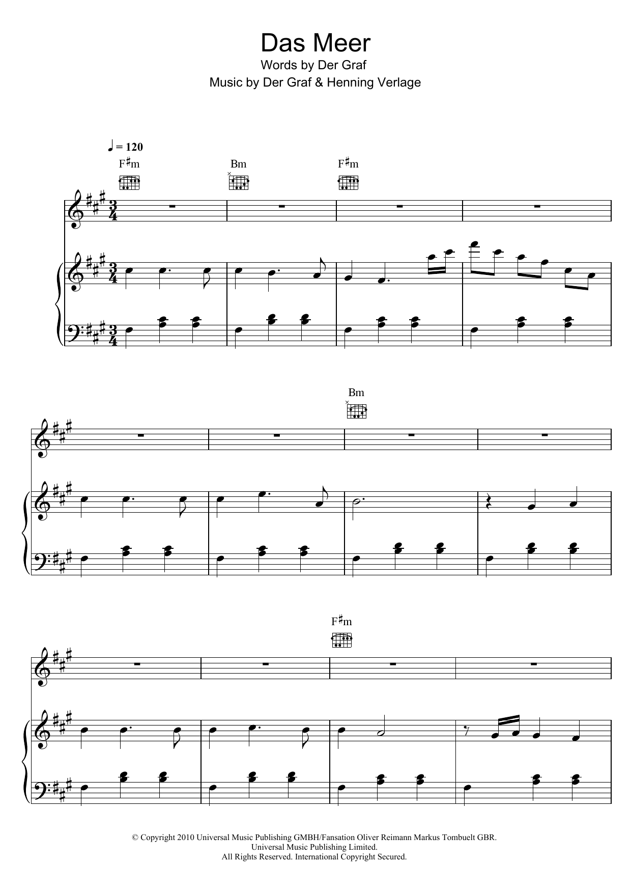 Unheilig Das Meer sheet music notes and chords arranged for Piano, Vocal & Guitar Chords