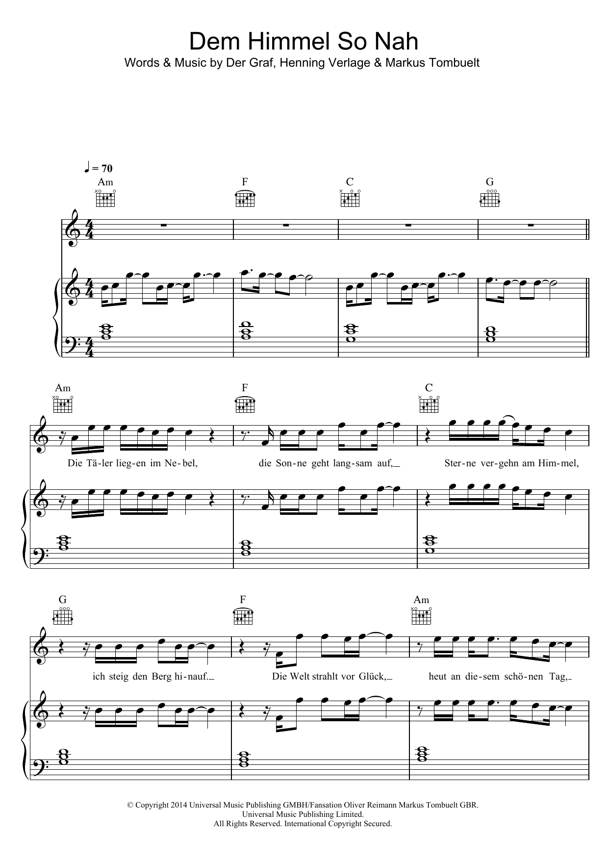 Unheilig Dem Himmel So Nah sheet music notes and chords arranged for Piano, Vocal & Guitar Chords
