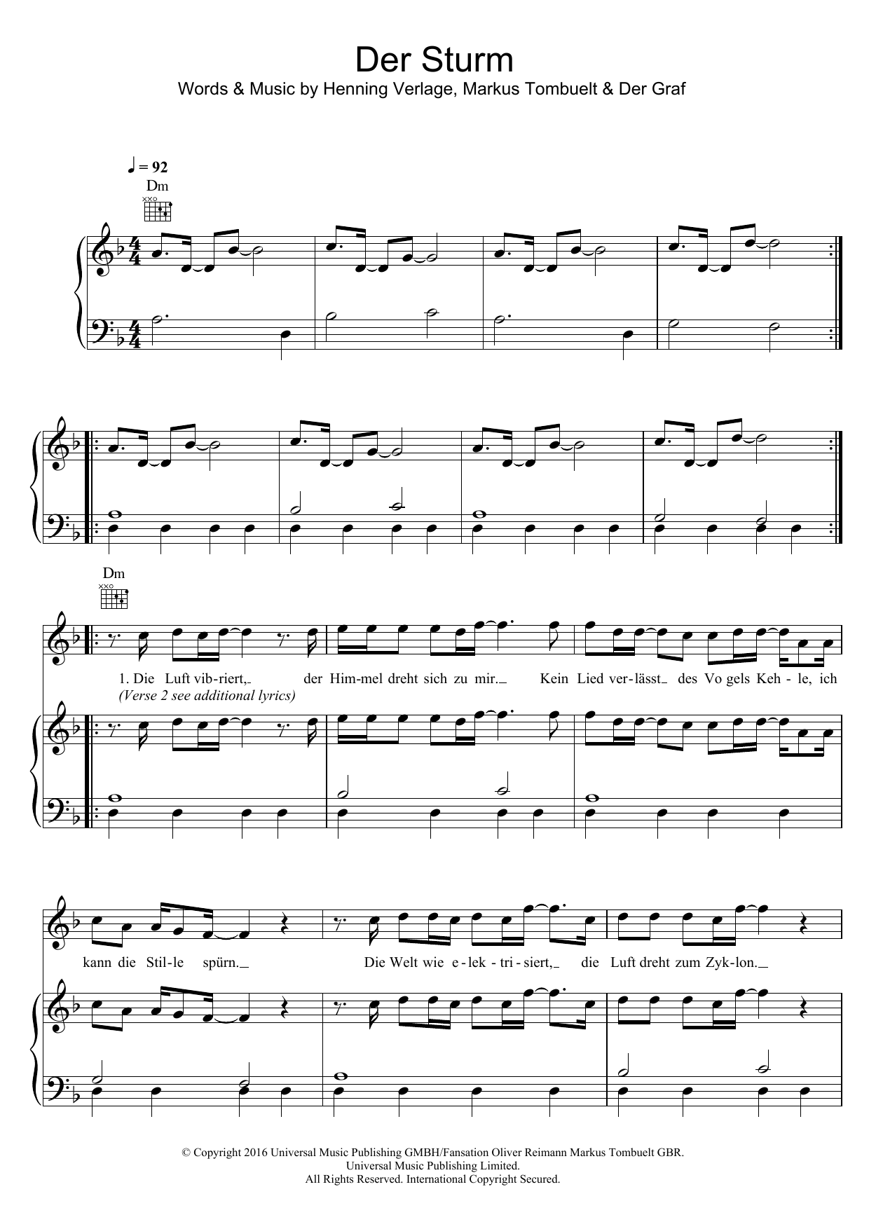 Unheilig Der Sturm sheet music notes and chords arranged for Piano, Vocal & Guitar Chords