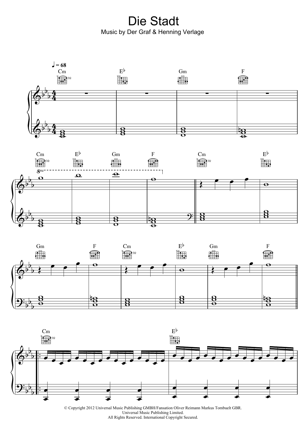 Unheilig Die Stadt sheet music notes and chords arranged for Piano, Vocal & Guitar Chords