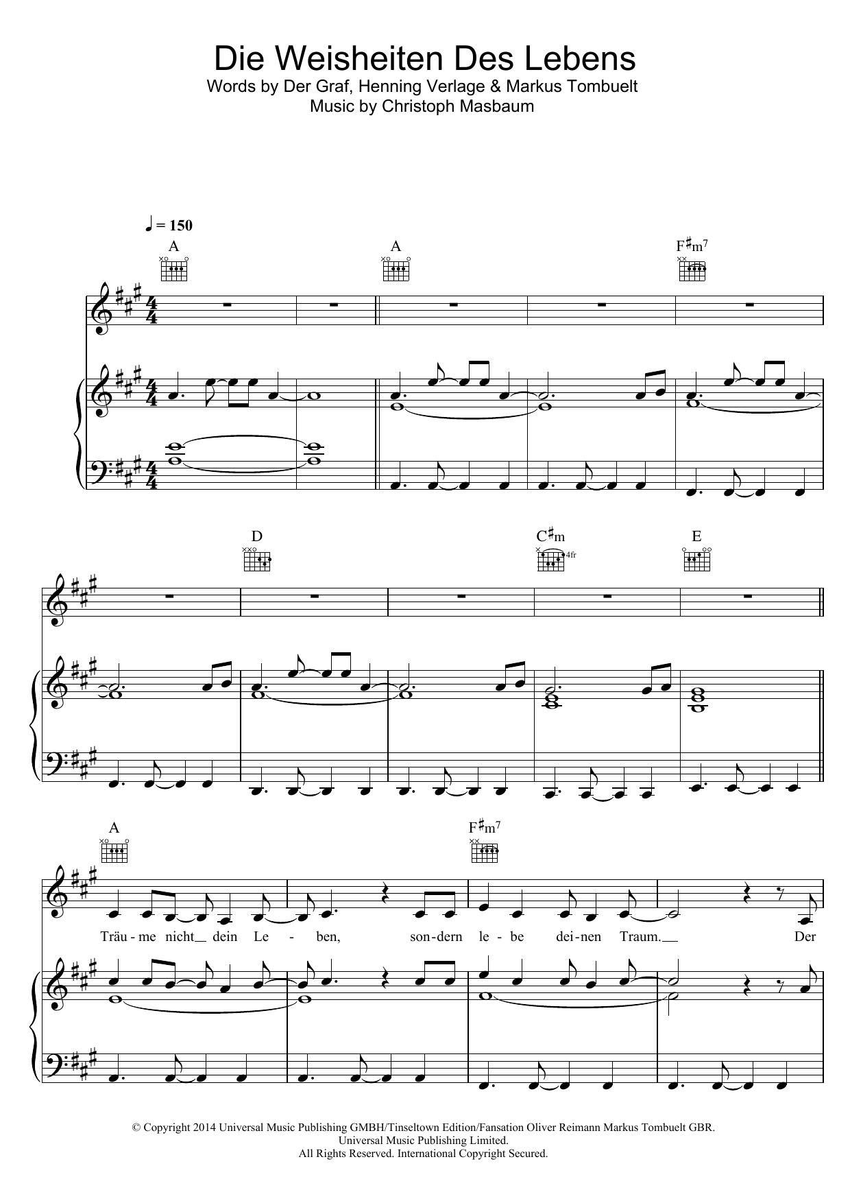 Unheilig Die Weisheiten Des Lebens sheet music notes and chords arranged for Piano, Vocal & Guitar Chords