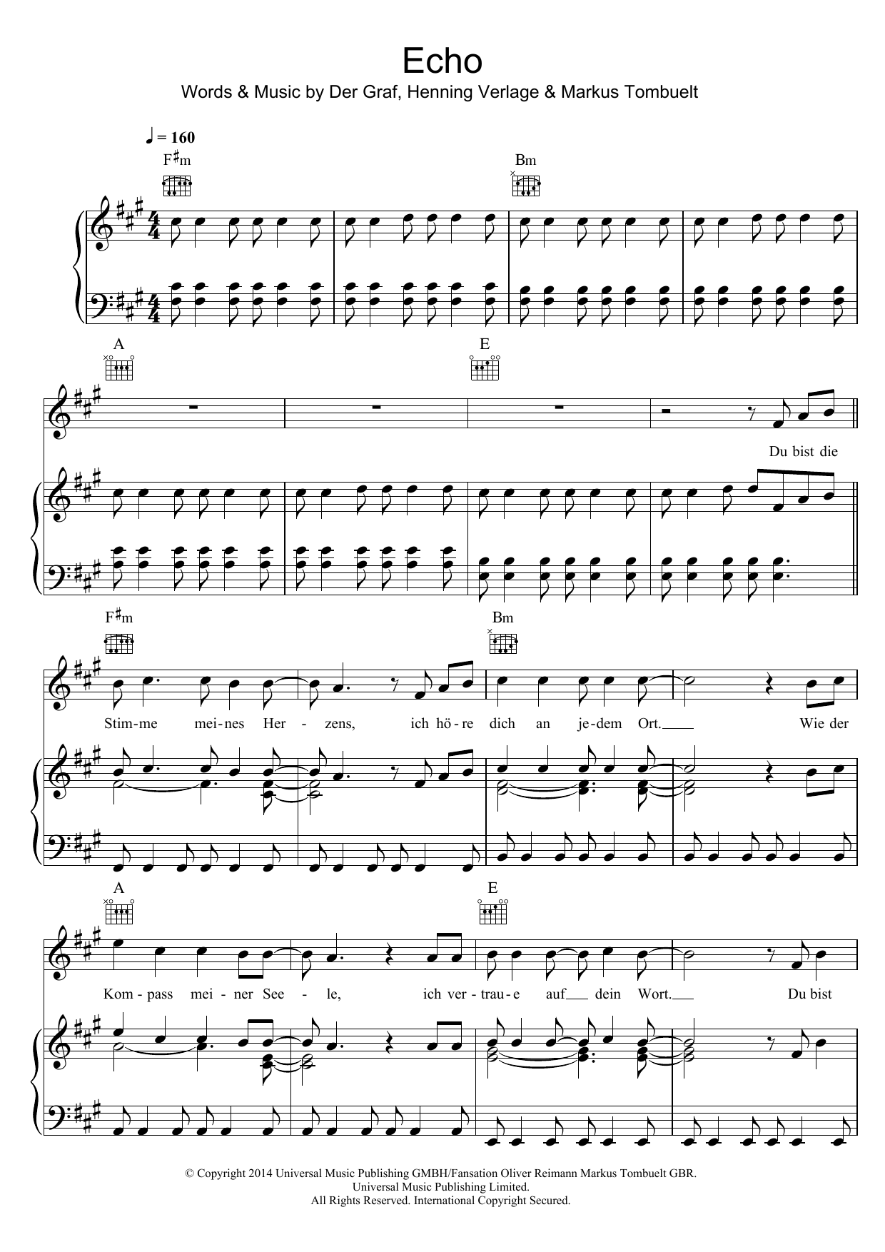 Unheilig Echo sheet music notes and chords arranged for Piano, Vocal & Guitar Chords