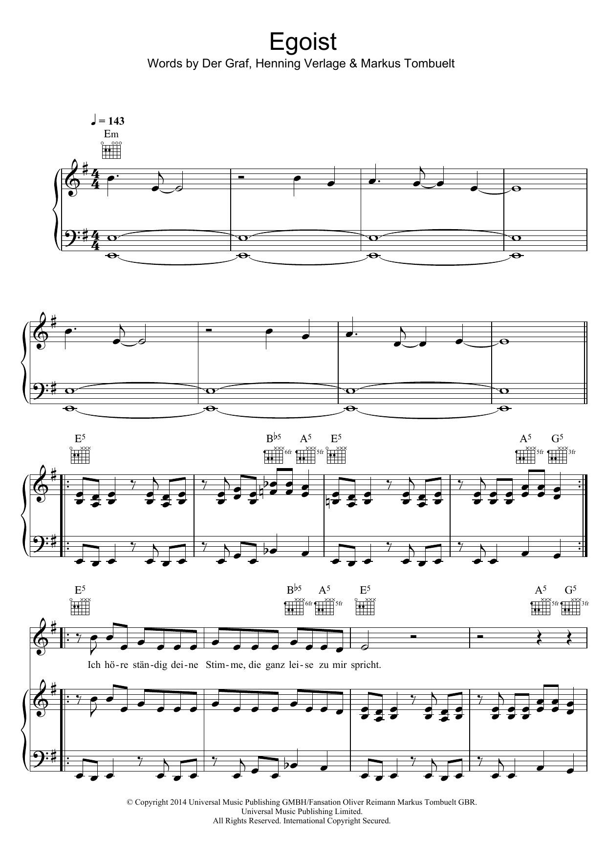Unheilig Egoist sheet music notes and chords arranged for Piano, Vocal & Guitar Chords